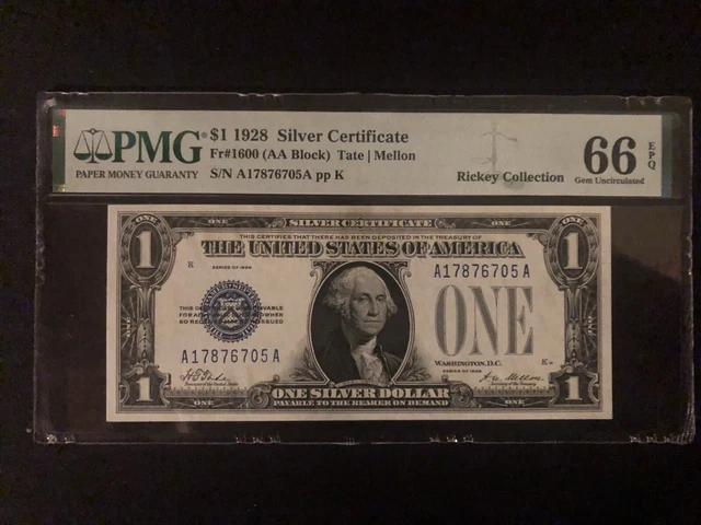 1928 $1 Silver Certificate Fr# 1600 AA Block PMG 66 EPQ Tate/ Mellon