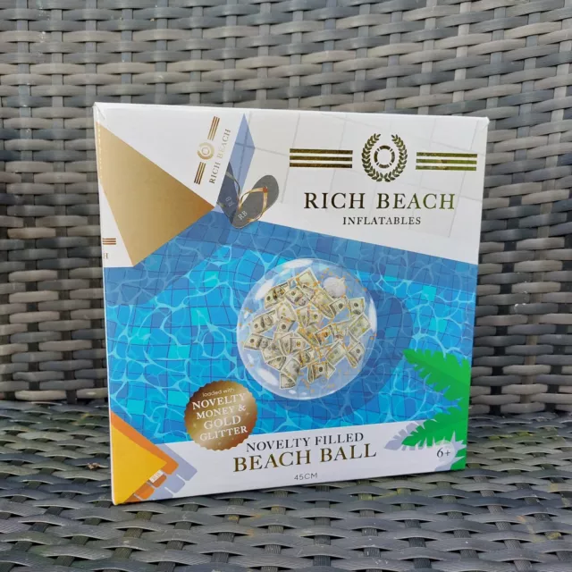 Rich Beach - Novelty Inflatable Ball 45cm - 100 $ Dollar Bills & Glitter - Boxed