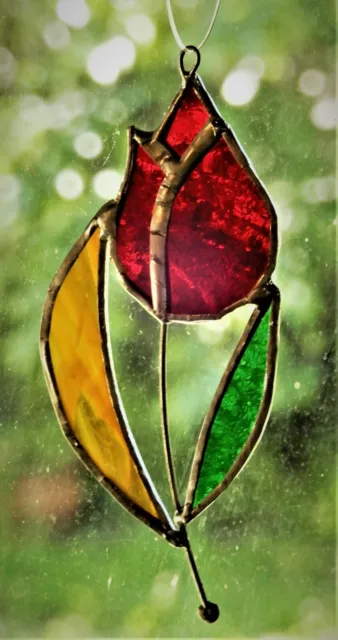 Cute Little RED ROSE BUD Authentic Stained Glass SUNCATCHER Small Christmas Gift