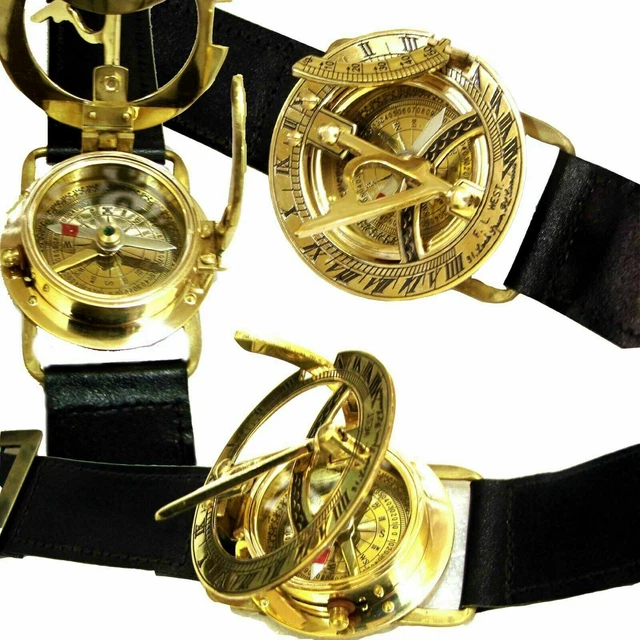 Steampunk Sonnenuhr Kompass Handgelenk Uhr W / Klassisch Schwarz Leder Armband