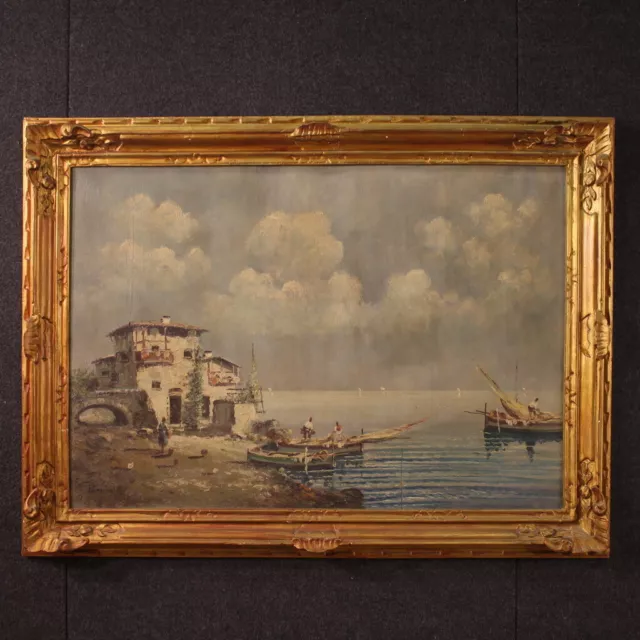 Tableau marine paysage signé huile sur tablette peinture italienne 20ème siècle