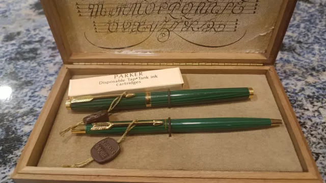 New Old Stock Parker Set Malachite Laque Fountain Pen and Ballpoint