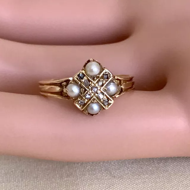 Victorian 18 Carat Gold Old Cut Diamond & Split Pearl Cluster Ring. Size M.5