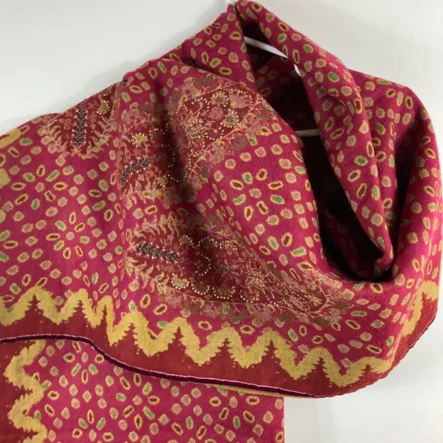 Womens Bajra Merino Wool Scarf Shawl Wrap Handmade Nepal Red Gold Sequins