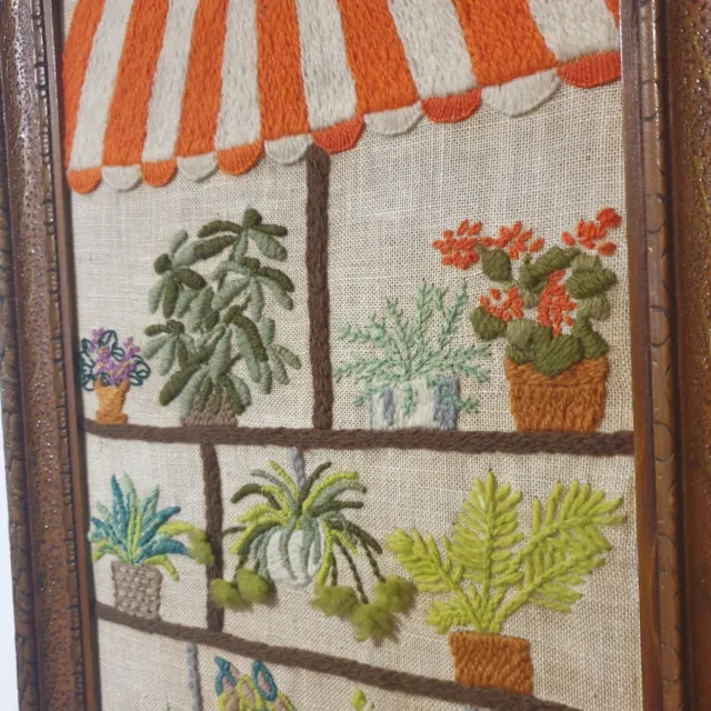Rare mid century embroidered wool work wall art plants florist