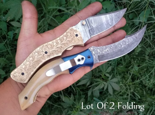 2 Pcs Set! Custom Handmade Damascus Steel Pocket Folding Knife, Pocket Knives