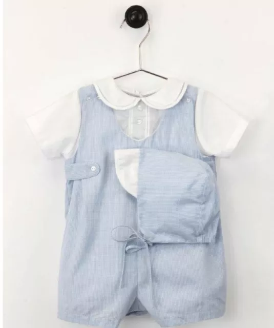 NWT Petit Ami Boys Blue Gingham Romper Hat Newborn Baby Jon Jon NB