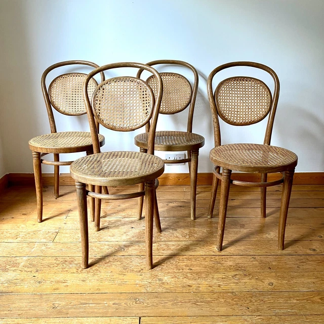 Midcentury Set Of 4 Thonet Style Zpm Radomsko Bentwood Rattan Cane Dining Chairs