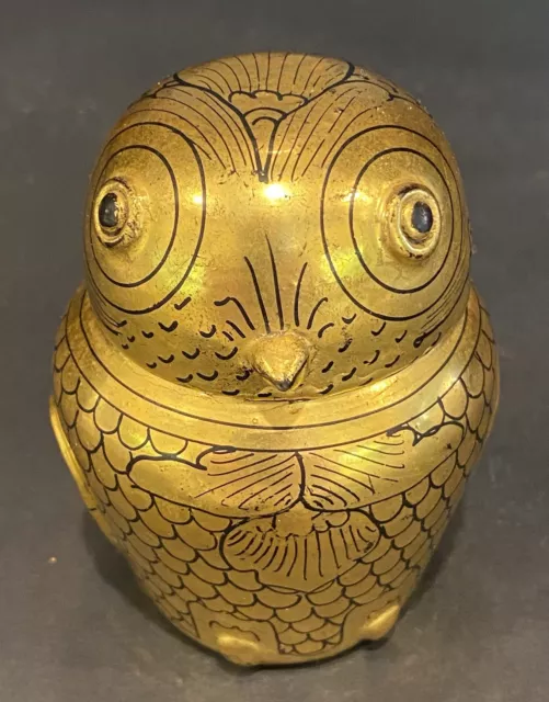 Vintage 3” Tall Owl Burmese Black & Gold Lacquer Trinket Box, handmade