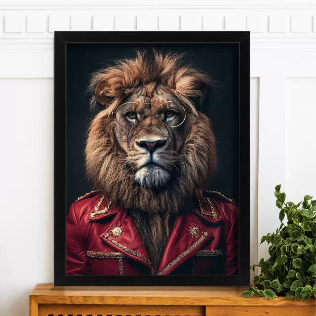 Regal Lion in Red Jacket Art Print Vintage Animal Portrait Lion Wall Art Poster