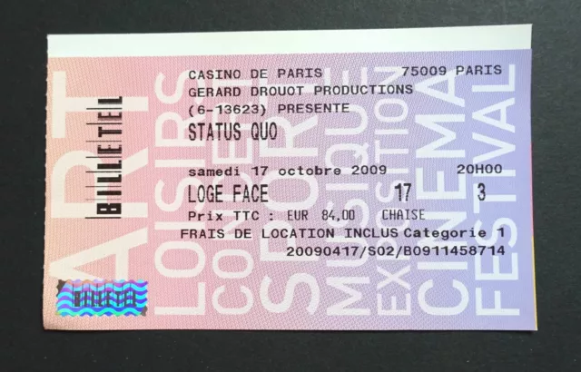 Ticket billet used place concert STATUS QUO - Casino de Paris France - 2009