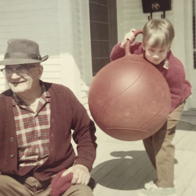 Vintage Color Photo Boy Holding Red Hoppity Hop Ball Grandpa Front Porch