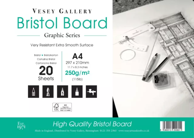 Bristol Board 250gms Flat White Card Pad. A4 to A2 Made in UK by Vesey Gallery
