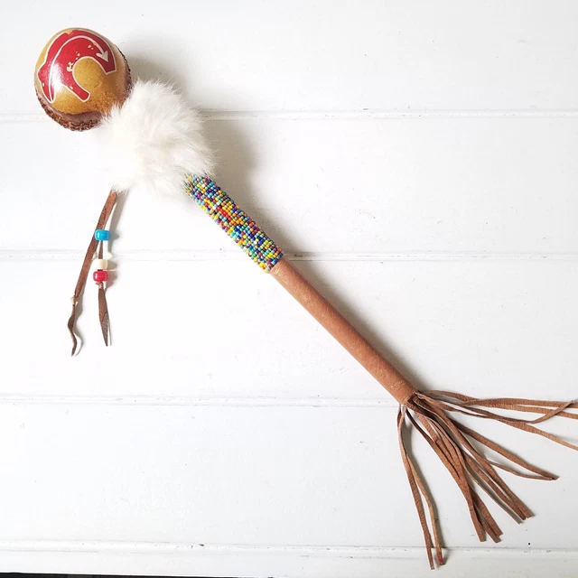 Vintage Native American Rawhide Rattle Shaker, Leather Beads Fur, Navajo?