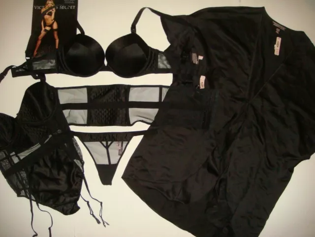 Victoria's Secret 32B,34C,36C BRA SET+CINCHER+garter TEDDY+ROBE BLACK QUILTED