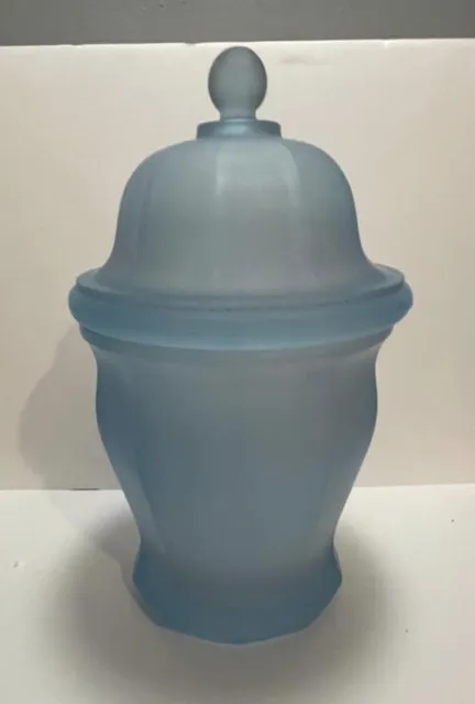 Indiana Glass Blue Satin Glass Frosted Apothecary Ginger Jar Urn w/Lid 10" VTG