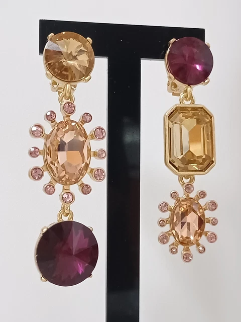 Boucles D'oreilles Oscar De La Renta - Corail Et Cristaux Multicolores - Plaqué Or - Neuf Sans Boîte
