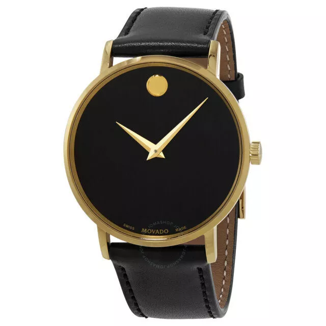 MOVADO Swiss Museum Classic Black Dial Men's Gold Slim Leather Watch