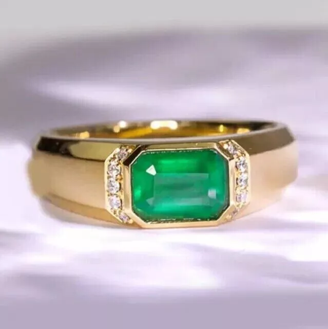 Lab Created Green Emerald 2Ct Emerald Men's Wedding Ring 14K Yellow Gold Plated