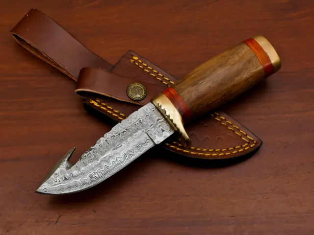 Custom Hand Forged Damascus Steel Blade Gut Hook Hunting Knife - Ra-8951