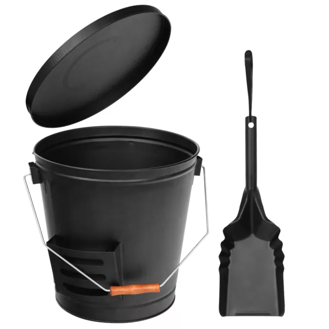 Black Metal Ash Bucket with Shovel Lid Handle For Fire Pits Wood Stove Fireplace