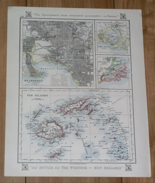 1921 Antique Map Of Melbourne Australia / Fiji / Philippines / Borneo Brunei