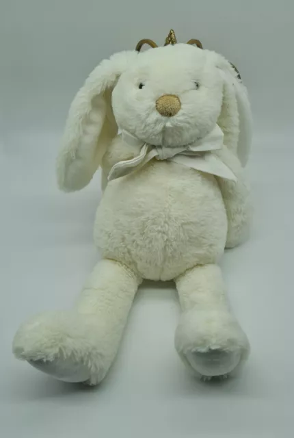 13 - Peluche Doudou Lapin Blanc Beige Creme Noeud Atmosphera Neuf