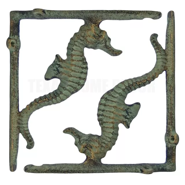 2 Seahorse Shelf Brackets Cast Iron Corner Braces Nautical Green Gold Patina