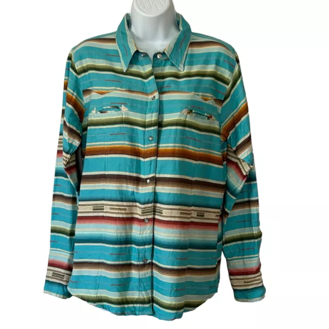 Tasha Polizzi Collection Pearl Snap Shirt Size L Turquoise Blue Aztec Western