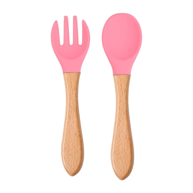 Baby Wooden Silicone Feeding Spoon Toddlers BPA-free Tableware (14)