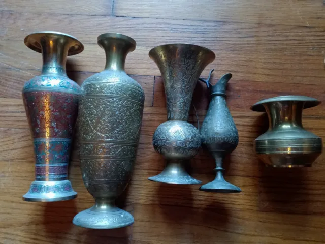 Vintage Lot 5 India Brass Vase Ornate Heavy