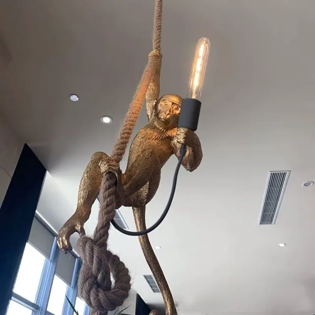 Loft Vintage Monkey Wall Light Resin Hemp Rope Hanging Lamp Pendant Light Decor