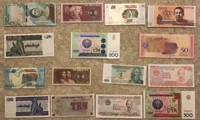 Lot Of 15 World Banknotes. All Different. All Uncirculated. All Genuine.