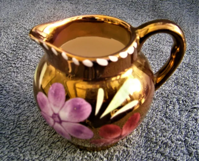 Q380) Vintage Old Court Ware Gold Luster Hand painted floral Ceramic small Jug