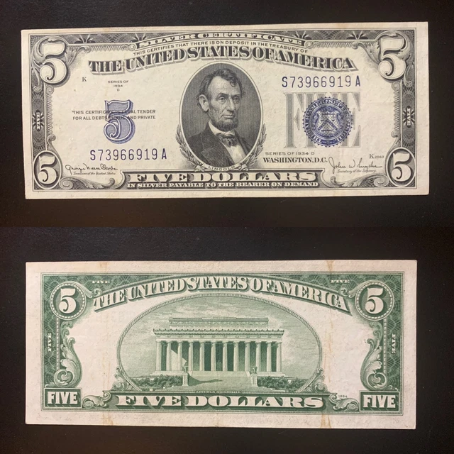 $5 1934D Silver Certificate S73966919A Blue Seal Circulated