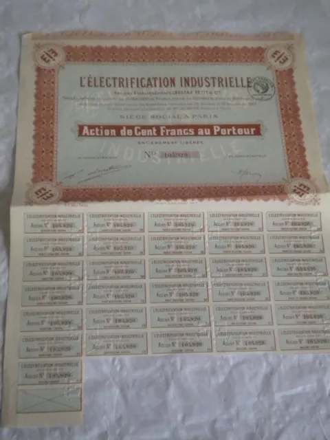 vintage share certificate Stocks Bonds L'Electrification Industrielle 1920