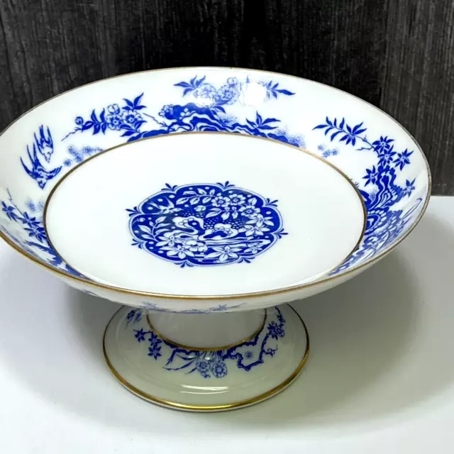 Antique Haviland Limoges Porcelain Pedestal Compote Dish Blue Chinoiserie Floral