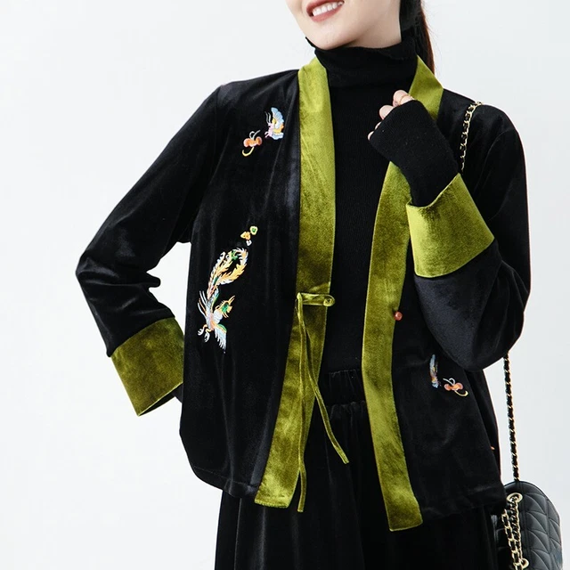 Women Velvet Embroidered Jacket Ethnic Top V-neck Cardigan Chinese Coat Casual