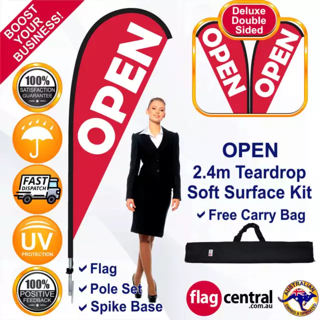 OPEN Deluxe Red 2.4m Teardrop Flag/Banner Kit with Spike *Promotional *Bowhead