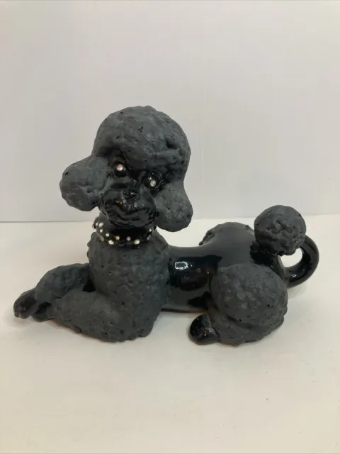 Vintage Ceramic Atlantic Mold Black Poodle Puppy Dog Sitting Figurine MCM Decor