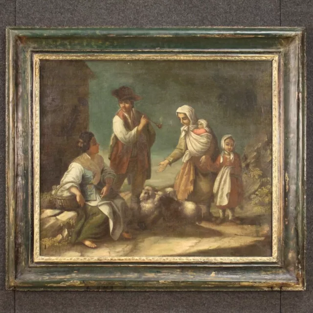 Cuadro óleo sobre lienzo género escena pintura antigua personajes siglo XVIII