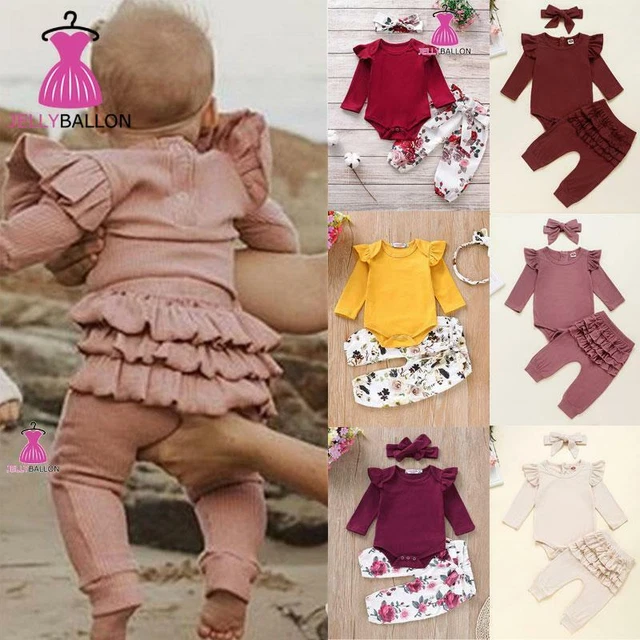 Newborn Baby Girls 3PCS Outfits Romper Top Pant Hat Set Infant Comfy Clothes