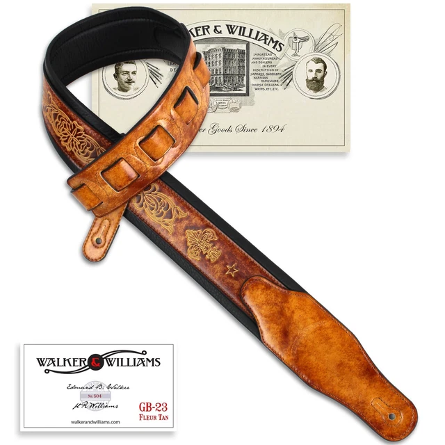 Walker And Williams GB-23 Latigo Tan Fleur De Lis Design Padded Guitar Strap