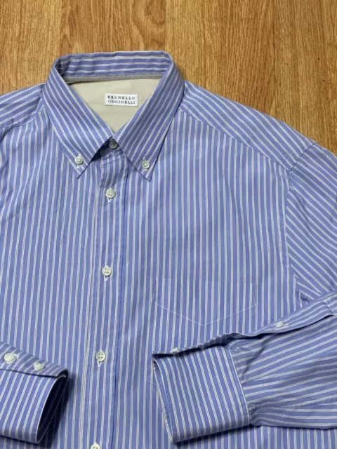 Brunello Cucinelli Shirt Mens Small Blue Striped Preppy Luxury Cotton Italy