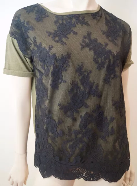 MCQ ALEXANDER McQUEEN Khaki & Black 100% Cotton Floral Lace T-Shirt Top Sz:XS