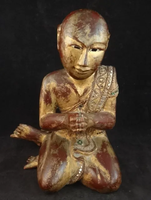 Antique Thai Carved & Gold Leafed Wood Kneeling Buddhist Monk, 10” t.