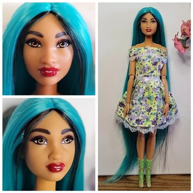 OOAK Barbie Custom AA Doll Reroot Green Hair Repainted Lips Jointed Beautiful 😍