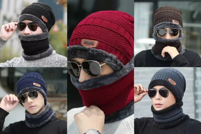 Unisex Hat Scarf Snood Set Winter Beanie Hat Set Fleece Lining Warm Knitted Cap