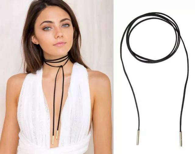 Sexy Black Faux Suede Cord String Wrap Bolo Tie Lariat Choker Necklace GOLD Tube