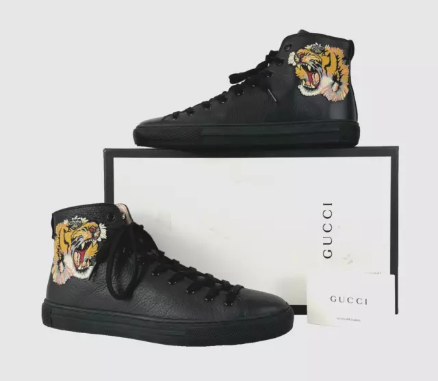 Gucci NIB Auth Men 8.5 9.5 US 8 9 UK 42 43 Black Tiger Appliqued Sneakers Shoes